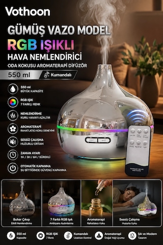 Gümüş Vazo Model Rgb Işıklı Hava Nemlendirici & Aromaterapi Difüzör 550 Ml Kumandalı Diğer