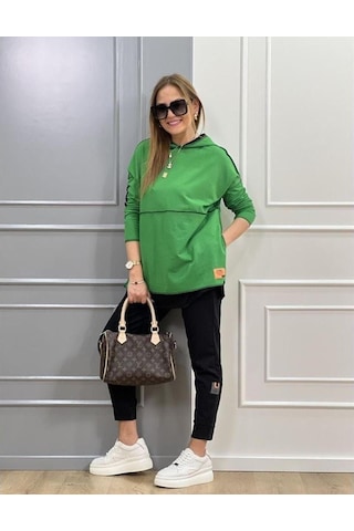 Ge Ticaret Kadın Yeşil Kapşonlu Etek Ucu Detay Arma Ters Dikiş Gorunumlu Ikili Takım Yeşil