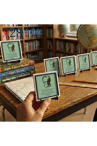 Öğretmen Mesajlı Mezuniyet Hatırası 28'li Set, Atatürk Silüetli Dekoratif Masaüstü Obje, 10x10 Cm