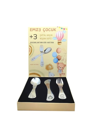 Emze Çocuk Paslanmaz Çelik Kutulu Çatal Kaşık Bıçak Seti İtfaiye Desenli GÜmüş