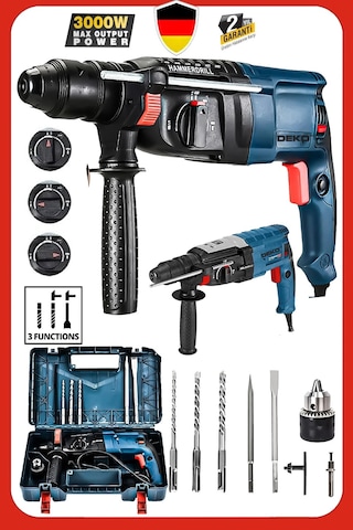 Deko DK2830 2.28MM 3000W Bakır Sargılı 7jl Kablolu Kırıcı Delici Hilti Darbeli Matkap + Uç Takımı