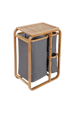 Kirli Çamaşır Sepeti Ahşap - Bambu 3 Organizer Bölmeli Kumaş Çantalı 50x30x70cm Bx40 Çok Renkli
