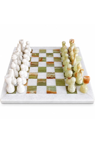 15 İnç Yeşil Oniks Doğal Taş Satranç Takımı 38x38 Cm Premium Özgün Hediye Kutulu