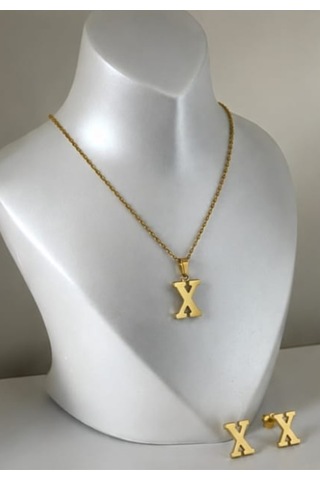 Lunarie X Harfi 14k Gold Çelik Harf Kolye Küpe Takı Seti Altın