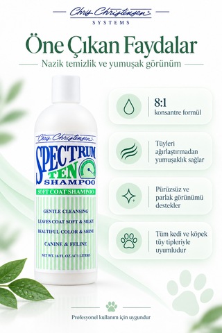 Chris Christensen Sp Ten 8:1 Konsantre Yumuşak Ve Pürüzsüz Köpek Ve Kedi Şampuanı 473 Ml