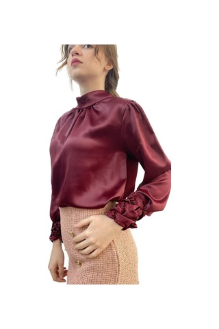 Mois Atelier Bordo Saten Büzgülü Bluz Gömlek Tasarım Hediye Büyük Beden Tesettür