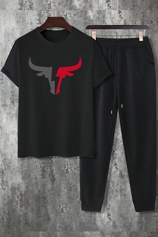 Unisex Boğa Baskılı Eşofman Takımı Siyah