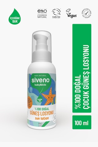 Siveno %100 Doğal Çocuk Güneş Losyonu Leke Karşıtı Nemlendirici Bitkisel Vegan UVA UVB SPF 50+ 100 ml