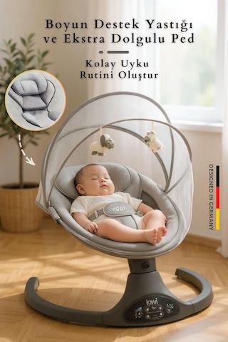 Kiwi Eggy Plus Elektrikli Otomatik Sallanan Bebek Ana Kucağı, 5 Farklı Sallanma Hızı, Oyuncaklı Gümüş