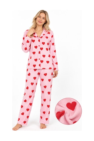 Sleeeproom Kadın Süet Düğmeli Mevsimlik Kalp Desen Pudra Pijama Takımı Kırmızı - Pembe