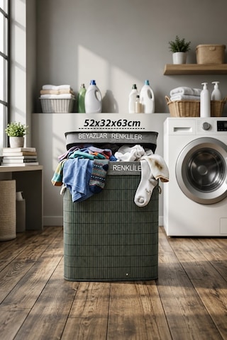 100 Litre Bambu Kirli Çamaşır Sepeti 2 Bölmeli Modern Tasarım Çamaşır Sepeti Beyaz Renkli Ayrı Gri