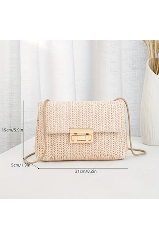 Dokuma Düz Renk Bej Tokalı Omuz Çantası Bej