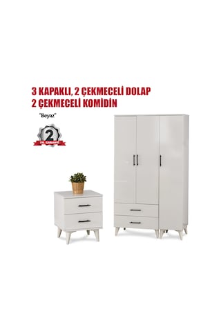 3 Kapaklı Beyaz Dolap Ve Komodin Seti