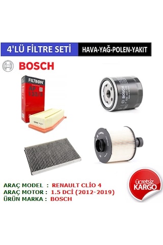Renault Clio 4 1.5 Dci Filtre Bakım Seti 2012-2019 4'Lü Set Hava + Yağ + Polen + Mazot