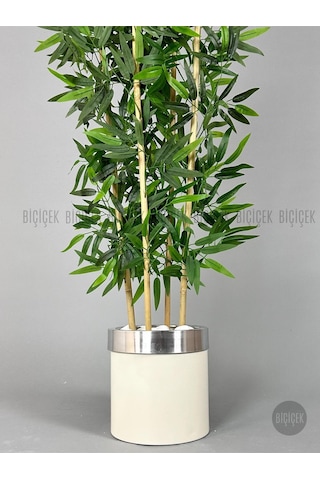 Biçiçek Yapay Bambu Ağacı 140cm Krem Gümüş Metal Saksıda