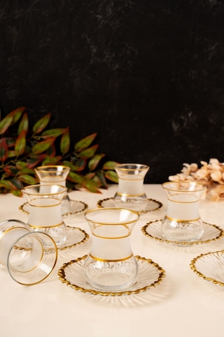 Mest 12 Parça 6 Kişilik Gold Yaldızlı Cam Çay Bardağı Seti Şıklığı Sofralarınıza Taşıyın Gold