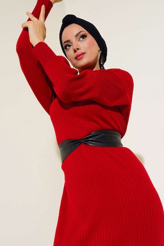 Bigdart 15900 Boydan Tesettür Triko Elbise - Kırmızı