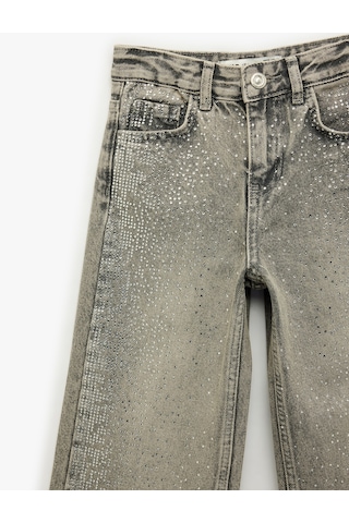 Koton Pamuklu Bol Kalıp Yıpratmalı Pul Detaylı Geniş Paça Denim Pantolon Gri 6skg40089ad Gri