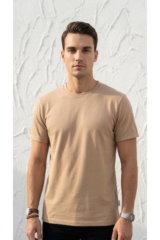 Plus Scorpion T02 Kol Katlama Erkek Slim Fit Basic Tişört Bisiklet Yaka, Düz Kumaş, Yazlık Model Taş