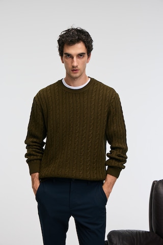 Grımelange Vıntlace Erkek Yuvarlak Yaka Saç Örgü Desenli Regular Fit Triko Haki Kazak Haki