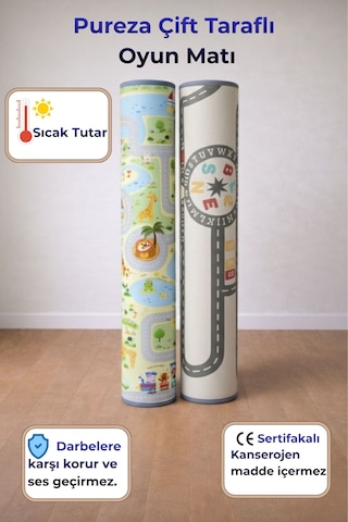 Pureza Çift Taraflı Rulo Oyun Matı 200CMX140CMX1CM Kaymaz, Darbe Emici, Su Geçirmez, Yeşil Parkur/Araba Yarışı | (Yerli Üretim)
