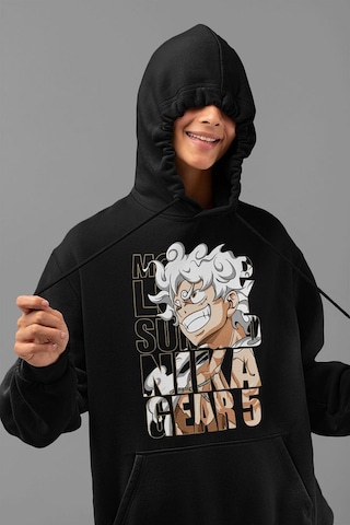 Monkey D. Luffy Nika Gear 5 Baskılı Unisex Oversize Anime Hoodie Siyah