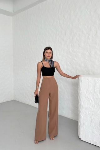 Defymoda Yüksek Bel Pensli Palazzo Pantolon Vizon