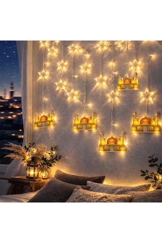 Buradabulabilirsin Ramazan Led Perde Lamba 3m Fişli, Eklemeli - Sarı Cami Ve Yıldız Bbz