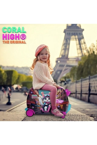Coral High Otur-çek Kız Çocuk Valizi - Pembe Motorlu Kedi Çok Renkli