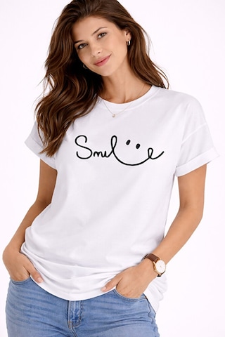 Nevermind Unisex Tişört Smile Baskılı Basic Oversize Günlük Rahat Beyaz