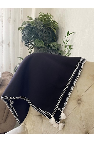 Püsküllü Çoban Dikişli Tek Kişilik Polar Battaniye 150x180 Cm Siyah