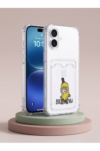 Apple İphone Uyumlu 16 Boş Yapma Muz Detaylı Kart Bölmeli Şeffaf Telefon Kılıfı Çok Renkli