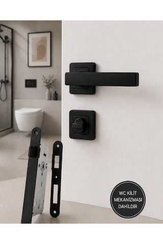 Kare Rozetli Wc Banyo Kapı Kolu Tam Set Mat Siyah 40 Mm Sessiz Kilitli Alüminyum Kol