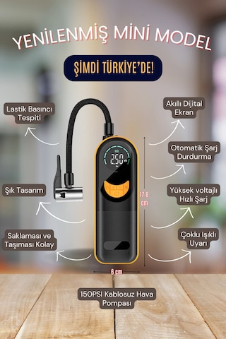 Aimod Airslim Mini Taşınabilir Şarjlı Araba Hava Kompresörü Led Işıklı Oto Araç Lastik Top Şişirme Pompası Kablosuz