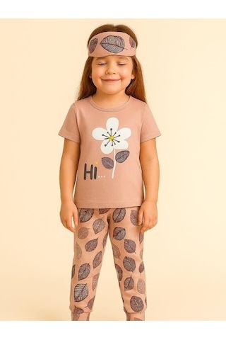 Kız Çocuk Pamuklu Kısa Kol Çiçek Desenli Pijama Takım Uyku Bandı Dahil -16034 Pembe