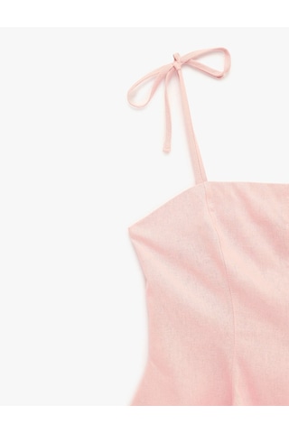 Koton Slim Fit Hafif Peplum Kesim Pileli İp Askılı Crop Keten Bluz Pembe
