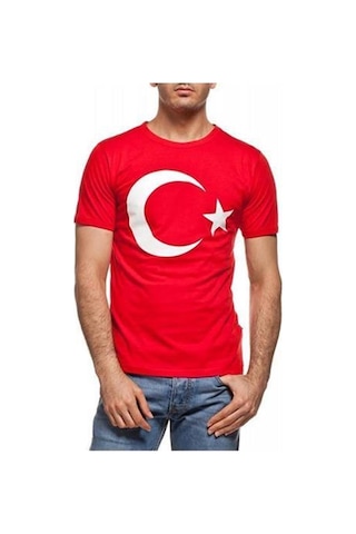 Bohem Stil Unisex Kırmızı Türk Bayraklı Kısa Kol T-shirt-8911 Kirmizi