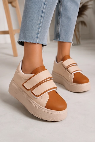 Mevese Vera Çift Cırtlı Kadın Günlük Sneaker Kalın Taban Rahat Ayakkabı - Taba Ten