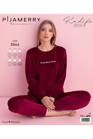 Pijamerry Kadın Kışlık Bisiklet Yaka Kadife Pijama Takımı 3044b - 1 Adet Bordo