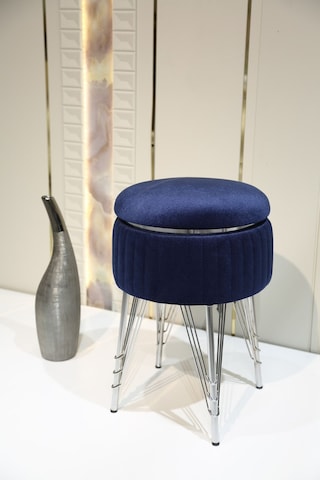 Bianco Metal Ayaklı Puflu Zigon Sehpa Krom Koyu Mavi Chrome Dark Blue