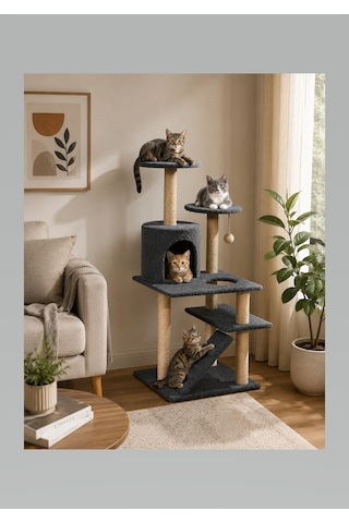 Missidea Nrs-0090 Yuvarlak Yuvalı Dekoratif Kedi Tırmalama Evi Antrasit