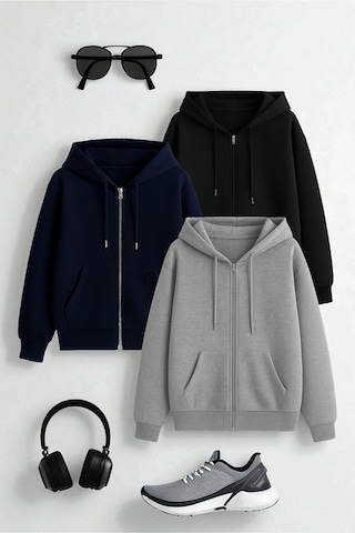 Uyguntarz Unisex Gri & Lacivert & Siyah Fermuar Kapüşonlu Sweatshirt 3 Lü Fırsat Paketi Çok Renkli