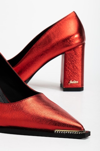 Suins Premium Verty Model Kadın Kalın Topuklu Burnu Taşlı Rugan Stiletto Ayakkabı Kırmızı