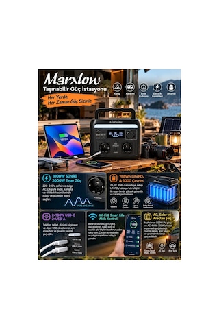 1000w Pro 768wh Lifepo4 Taşınabilir Güç Istasyonu Eps Acil Güç Besleme - Wi-fi, 2000w Tepe Max. Güç, 100w Usb-c, Saf Sinüs Ac
