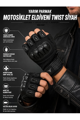 Motokit Twist Siyah / Yarım Parmak - Kaymaz Avuç İçi Özellikli Erkek Motosiklet Eldiveni Motokit Twist Siyah / Yarım Parmak - Kaymaz Avuç İçi Özellikli Erkek Motosiklet Eldiveni