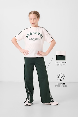 Tommylife Ekru-çam Yeşil O Yaka Baskılı Geniş Paça Çıt Çıt Detaylı Kız Çocuk Palazzo Eşofman Takım - 75172 Ekru/çam Yeşil Ekru - Çam Yeşil