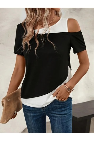 Ahes Shopping Kadın Kısa Kollu Geometrik Kesin Detaylı Çift Renkli Viskon Bluz Siyah