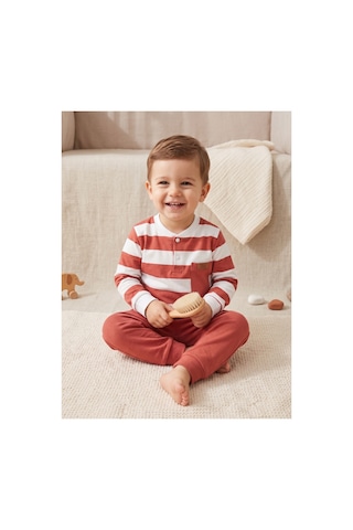 Deniva Kids Erkek Bebek Kiremit Çizgili Düğme Ve Cep Detaylı %100 Pamuklu 2'li Eşofman / Pijama Takımı Kırmızı