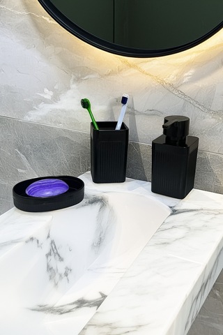 6 Parça Banyo Seti Çöp Kovası, Wc Fırça, Tuvalet Kağıtlık, Diş Fırçalık, Sıvı Sabunluk, Sabunluk Siyah