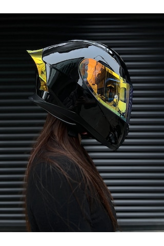 R1 Parlak Siyah Revo Gold Vizörlü Kapalı Kask Güneş Vizörlü